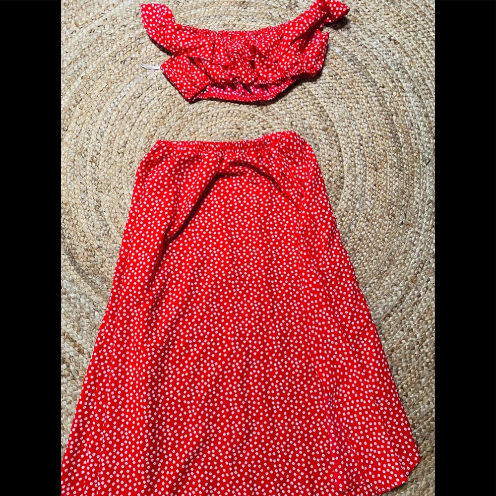 Polka dot ruffle bardot top and split thigh skirt